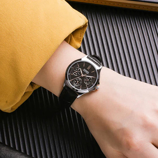 Casio Simple Multifunction Black Leather Black Dial For Women LTP-V300L-1A