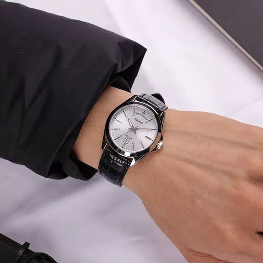 Casio MTP-1370L-7A Analog Silver Dial Black Leather Strap Men's Watch