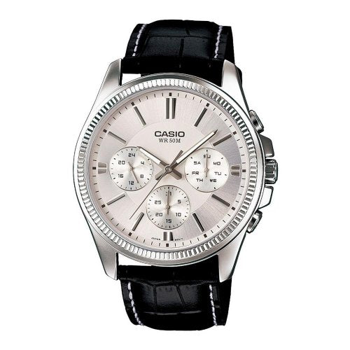 Casio MTP-1375L-7A Classic Multifunction Black Leather Silver Dial for Men