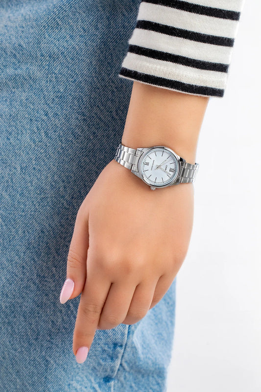 Casio Simple Silver St.Steel Blue Dial For Women LTP-V005D-2B3