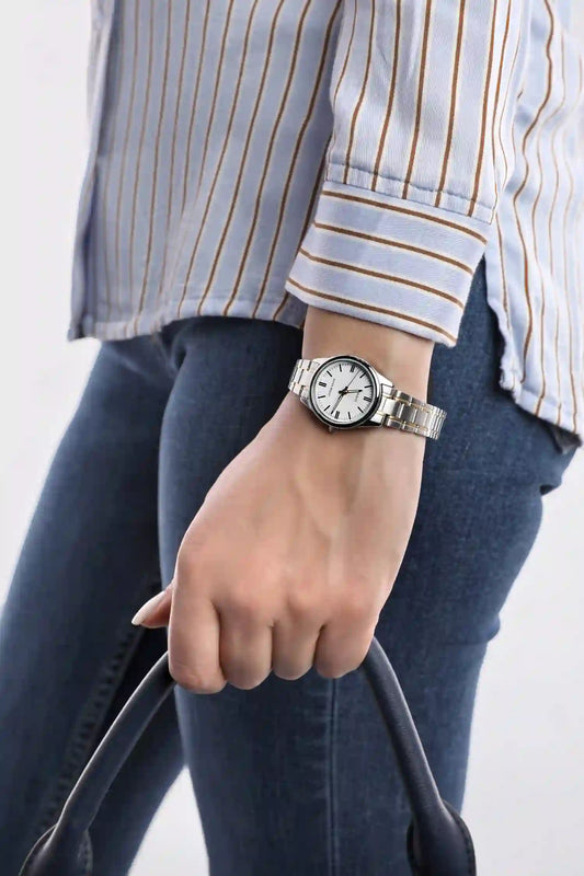 Casio Simple Silver & Golden St.Steel Silver Dial For Women LTP-V005SG-7A