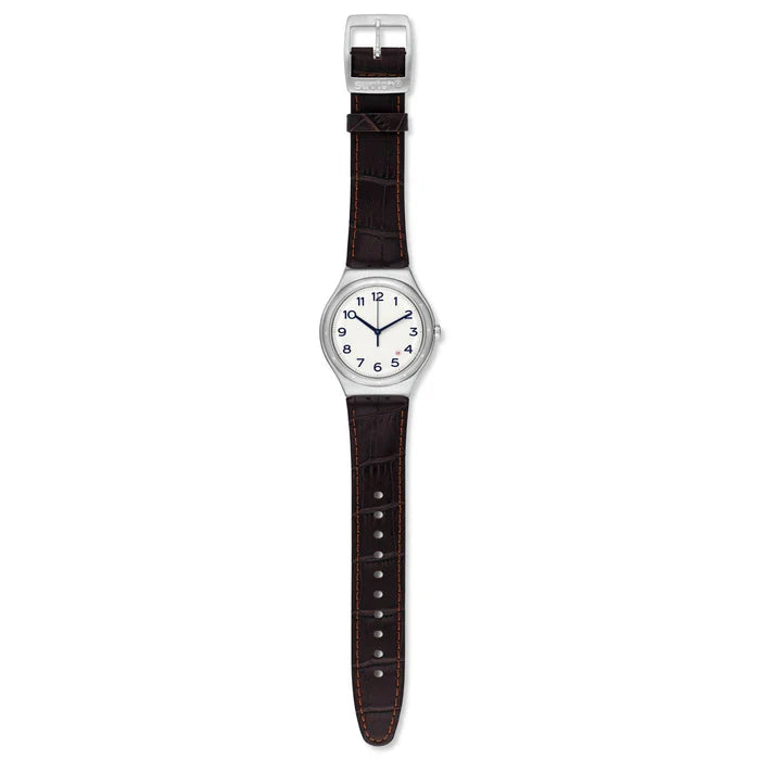 SWATCH YWS416 BROWN LEATHER BAND WHITE DIAL FOR MEN