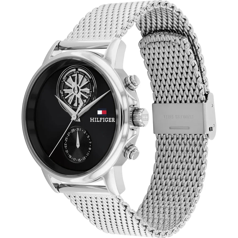 TOMMY HILFIGER 1710749 SILVER STEEL BAND BLACK DIAL FOR MEN