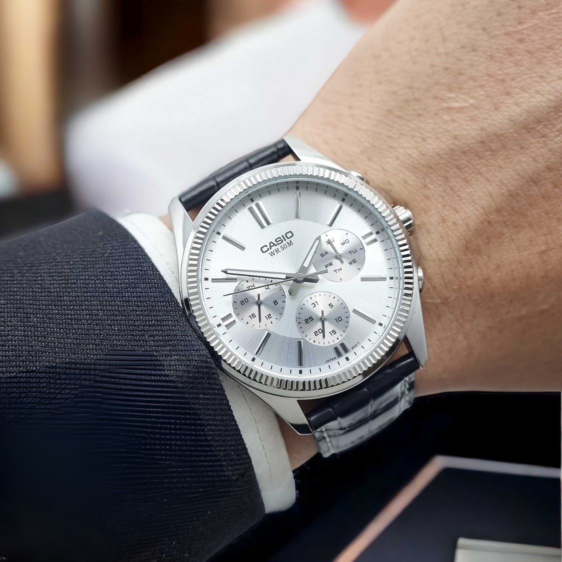 Casio MTP-1375L-7A Classic Multifunction Black Leather Silver Dial for Men