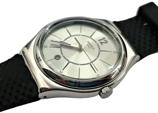 SWATCH YWS406 BLACK RUBBER BAND SILVER DIAL FOR MEN