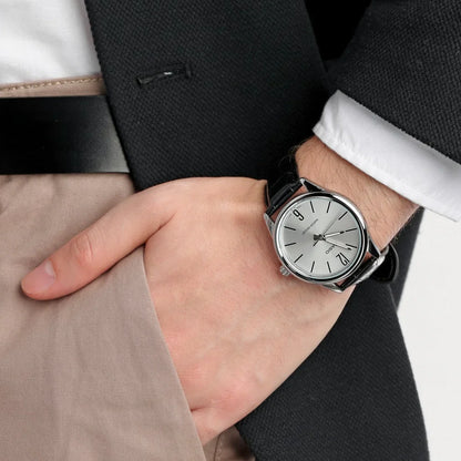 CASIO Simple Analog Watch Model MTP-V005L-7BU in Silver Dial & Black Leather Strap