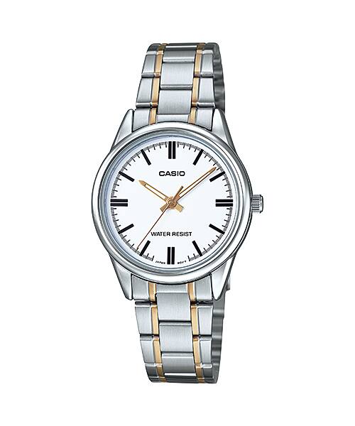 Casio Simple Silver &amp; Golden St.Steel Silver Dial For Women LTP-V005SG-7A
