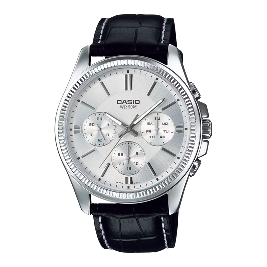 Casio MTP-1375L-7A Classic Multifunction Black Leather Silver Dial for Men