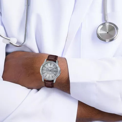 Casio Standard Analog Brown Leather Strap Silver Dial Quartz MTP-V004L-7C Men's Watch