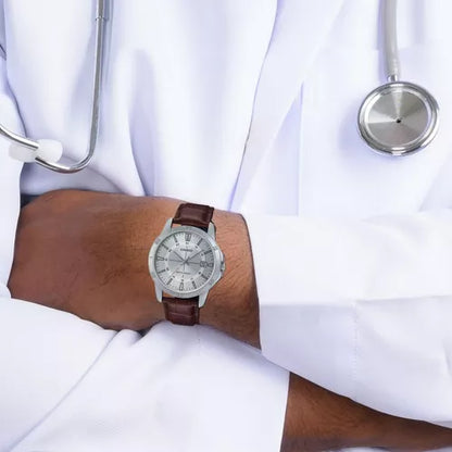 Casio Standard Analog Brown Leather Strap Silver Dial Quartz MTP-V004L-7C Men's Watch