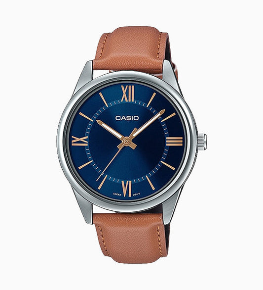 Casio MTP-V005L-2B5 Men's Standard Analog Tan Leather Band Roman Blue Dial Watch