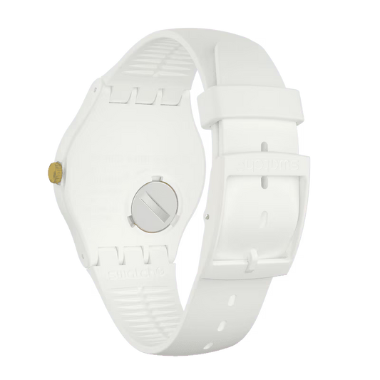 SWATCH SUOW158 WHITE RUBBER BAND WHITE AND GOLDEN DIAL FOR WOMEN