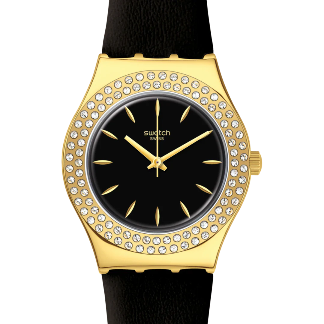 SWATCH YLG141 BLACK LEATHER BAND BLACK DIAL FOR WOMEN