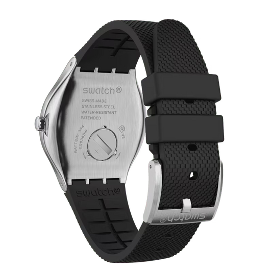 SWATCH YWS437 BLACK RUBBER BAND SILVER DIAL FOR MEN
