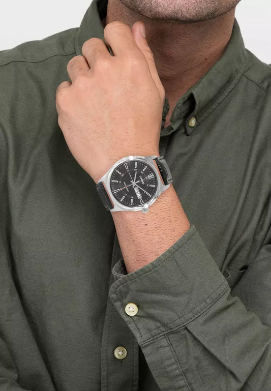 Casio MTP-V006L-1C Men's Leather Band 24 Hour Black Index Dial Day Date Watch