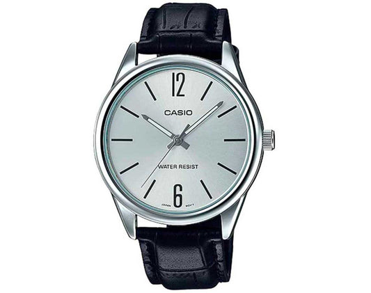 CASIO Simple Analog Watch Model MTP-V005L-7BU in Silver Dial &amp; Black Leather Strap