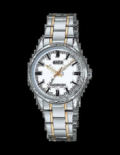Casio Simple Silver &amp; Golden St.Steel Silver Dial For Women LTP-V005SG-7A