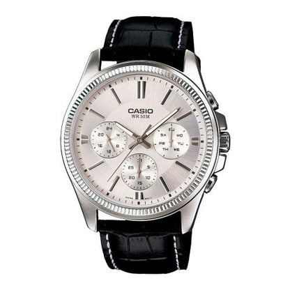 Casio MTP-1375L-7A Classic Multifunction Black Leather Silver Dial for Men
