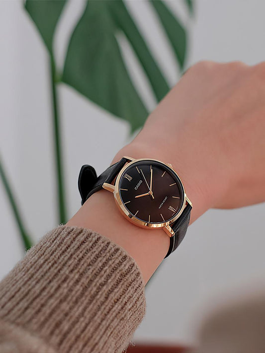 Casio LTP-VT01GL-1B Leather Black Watch, Women Watches