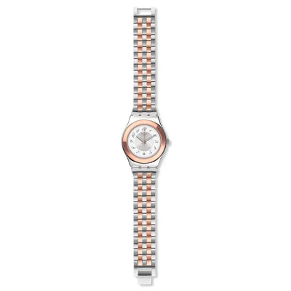 SWATCH YLS454GC STEEL SILVER AND ROSE GOLD BAND WHITE DIAL FOR WOMEN