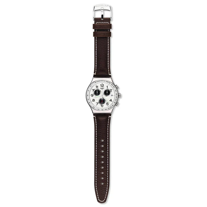 SWATCH YVS432 BROWN LEATHER BAND WHITE DIAL FOR MEN