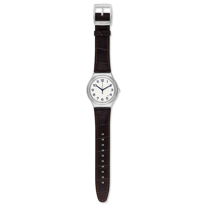 SWATCH YWS416 BROWN LEATHER BAND WHITE DIAL FOR MEN