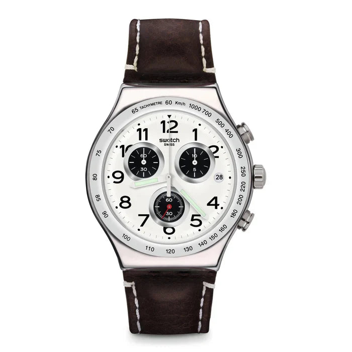 SWATCH YVS432 BROWN LEATHER BAND WHITE DIAL FOR MEN