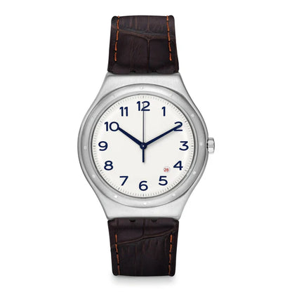 SWATCH YWS416 BROWN LEATHER BAND WHITE DIAL FOR MEN